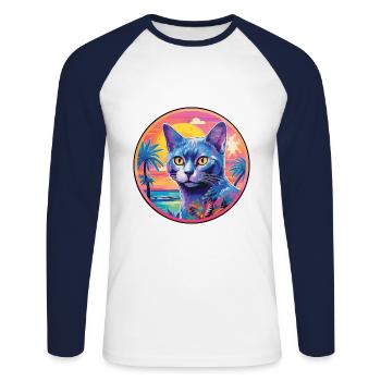 Race de chat bleu russe aquarelle dessin animé Kawaii - T-shirt baseball manches longues Homme - blanc/marine - Devant - Nik (191cm)