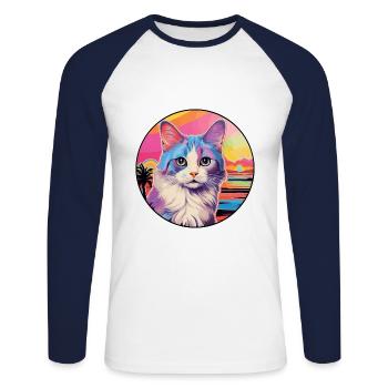 Dilué Calico Chat Race Aquarelle Dessin animé Kawaii - T-shirt baseball manches longues Homme - blanc/marine - Devant - Nik (191cm)