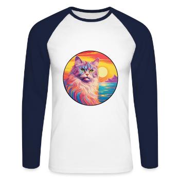 Chat allemand à poil long Aquarelle Dessin animé Kawaii - T-shirt baseball manches longues Homme - blanc/marine - Devant - Nik (191cm)
