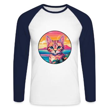 Khao Manee Chat Race Aquarelle Dessin animé Kawaii Pet - T-shirt baseball manches longues Homme - blanc/marine - Devant - Nik (191cm)