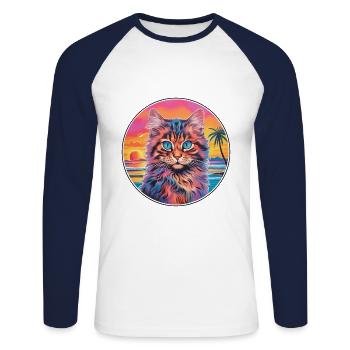 Laperm Chat Race Aquarelle Dessin animé Kawaii Pet - T-shirt baseball manches longues Homme - blanc/marine - Devant - Nik (191cm)