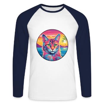 Manx Chat Race Aquarelle Dessin animé Kawaii Animal de compagnie - T-shirt baseball manches longues Homme - blanc/marine - Devant - Nik (191cm)