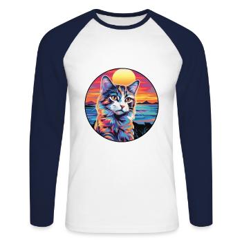 Ragamuffin Chat Race Aquarelle Dessin animé Kawaii Animal de compagnie - T-shirt baseball manches longues Homme - blanc/marine - Devant - Nik (191cm)