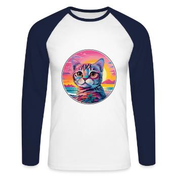 Singapura Chat Race Aquarelle Dessin animé Kawaii Pet - T-shirt baseball manches longues Homme - blanc/marine - Devant - Nik (191cm)