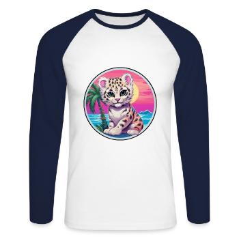Léopard des neiges bébé chat aquarelle dessin animé Kawaii - T-shirt baseball manches longues Homme - blanc/marine - Devant - Nik (191cm)