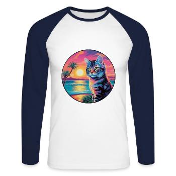 Chat pailleté de Californie Aquarelle Dessin animé Kawaii - T-shirt baseball manches longues Homme - blanc/marine - Devant - Nik (191cm)