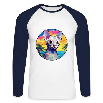 Devon Rex Chat Race Aquarelle Dessin animé Kawaii Animal de compagnie - T-shirt baseball manches longues Homme - blanc/marine - Devant - Nik (191cm)
