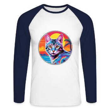 Chat européen à poil court aquarelle dessin animé Kawaii - T-shirt baseball manches longues Homme - blanc/marine - Devant - Nik (191cm)