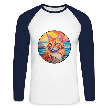 Ingwer Langhaar Katze Aquarell Karikatur Kawaii - Unisex Baseballshirt langarm - Weiß/Navy - Vorne - Nik (191cm)