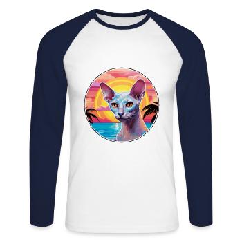 Peterbald Chat Race Aquarelle Dessin animé Kawaii Animal de compagnie - T-shirt baseball manches longues Homme - blanc/marine - Devant - Nik (191cm)