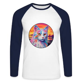 Race de chat Angora turc aquarelle dessin animé Kawaii - T-shirt baseball manches longues Homme - blanc/marine - Devant - Nik (191cm)