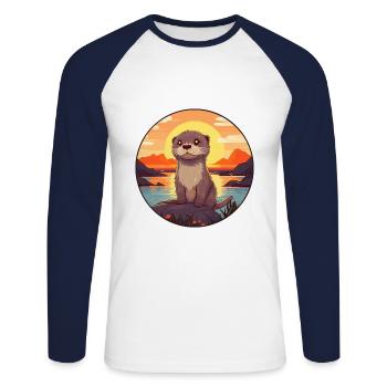 Otter Colorful Watercolor Cartoon Kawaii Animal - Unisex Long Sleeve Baseball T-Shirt - white/navy - Front - Nik (191cm)