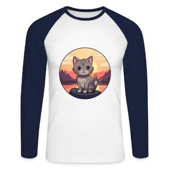 Kitten Colorful Watercolor Cartoon Kawaii Animal - Unisex Long Sleeve Baseball T-Shirt - white/navy - Front - Nik (191cm)