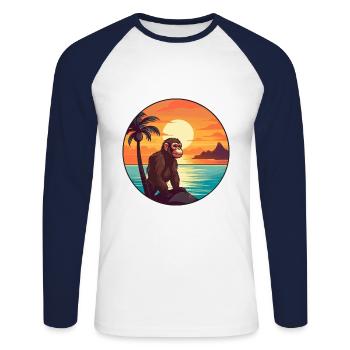 Monkey Colorful Watercolor Cartoon Kawaii Animal - Unisex Long Sleeve Baseball T-Shirt - white/navy - Front - Nik (191cm)