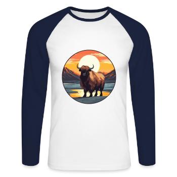 Yak Colorful Watercolor Cartoon Kawaii Animal - Unisex Long Sleeve Baseball T-Shirt - white/navy - Front - Nik (191cm)