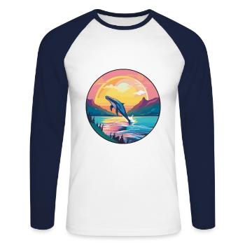 Wal bunte Aquarell-Karikatur Kawaii-Tier - Unisex Baseballshirt langarm - Weiß/Navy - Vorne - Nik (191cm)