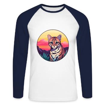 Ocelot Colorful Watercolor Cartoon Kawaii Animal - Unisex Long Sleeve Baseball T-Shirt - white/navy - Front - Nik (191cm)