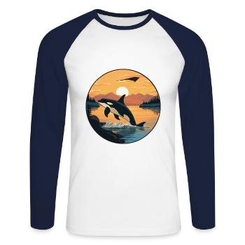 Orca Colorful Watercolor Cartoon Kawaii Animal - Unisex Long Sleeve Baseball T-Shirt - white/navy - Front - Nik (191cm)