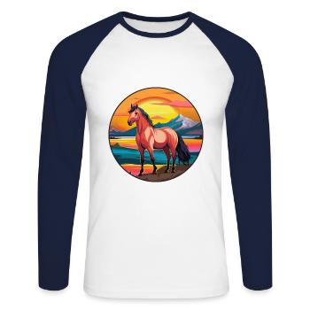 Pferd buntes Aquarell Karikatur Kawaii Tier - Unisex Baseballshirt langarm - Weiß/Navy - Vorne - Nik (191cm)