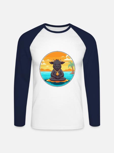 Buffalo Cartoon Yoga Strand Sommer Illustration - Unisex Baseballshirt langarm - Weiß/Navy