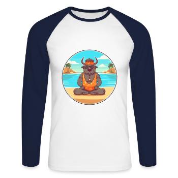 Bison Cartoon Yoga plage Illustration d’été - T-shirt baseball manches longues Homme - blanc/marine - Devant - Nik (191cm)