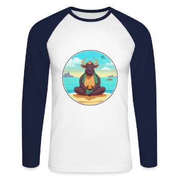 Bull Cartoon Yoga Beach Summer Illustration - Unisex Long Sleeve Baseball T-Shirt - white/navy - Front - Nik (191cm)