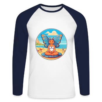 Papillon Cartoon Yoga Plage Illustration D’été - T-shirt baseball manches longues Homme - blanc/marine - Devant - Nik (191cm)