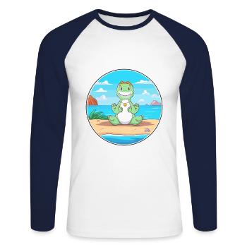 Dinosaur Cartoon Yoga Beach Summer Illustration - Unisex Long Sleeve Baseball T-Shirt - white/navy - Front - Nik (191cm)
