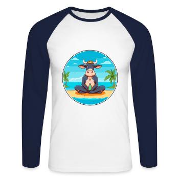 Cow Cartoon Yoga Beach Summer Illustration - Unisex Long Sleeve Baseball T-Shirt - white/navy - Front - Nik (191cm)