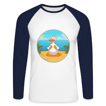 Dessin animé de canard Yoga plage Illustration d’été - T-shirt baseball manches longues Homme - blanc/marine - Devant - Nik (191cm)