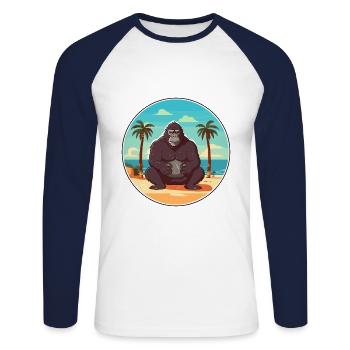 Gorilla Cartoon Yoga Beach Summer Illustration - Unisex Long Sleeve Baseball T-Shirt - white/navy - Front - Nik (191cm)