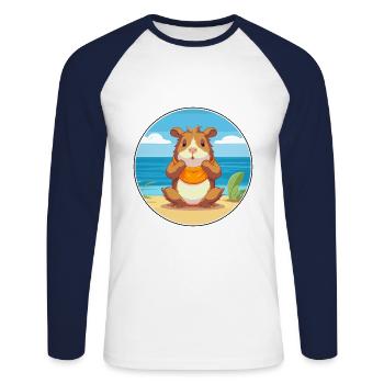 Cochon d’Inde Cartoon Yoga Plage Illustration D’été - T-shirt baseball manches longues Homme - blanc/marine - Devant - Nik (191cm)