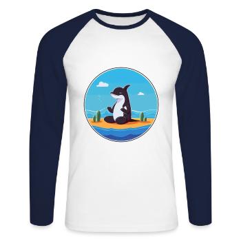 Orca Cartoon Yoga Beach Summer Illustration - Unisex Long Sleeve Baseball T-Shirt - white/navy - Front - Nik (191cm)