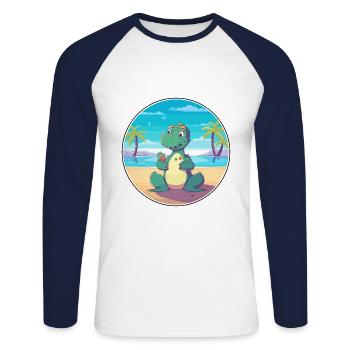 Dinosaur Cartoon Yoga Beach Summer Illustration - Unisex Long Sleeve Baseball T-Shirt - white/navy - Front - Nik (191cm)