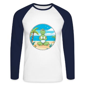 Iguana Cartoon Yoga Beach Summer Illustration - Unisex Long Sleeve Baseball T-Shirt - white/navy - Front - Nik (191cm)