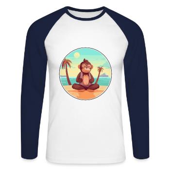 Monkey Cartoon Yoga Beach Summer Illustration - Unisex Long Sleeve Baseball T-Shirt - white/navy - Front - Nik (191cm)