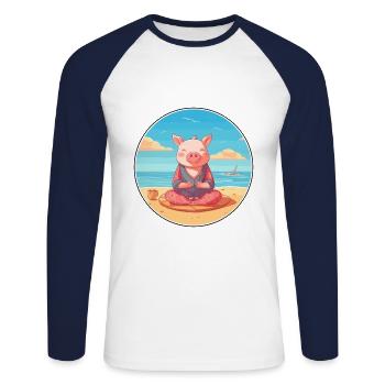 Cochon Cartoon Yoga Plage Illustration D’été - T-shirt baseball manches longues Homme - blanc/marine - Devant - Nik (191cm)