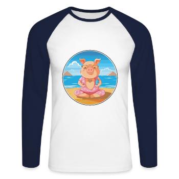 Cochon Dessin Animé Yoga Plage Été Illustration - T-shirt baseball manches longues Homme - blanc/marine - Devant - Nik (191cm)