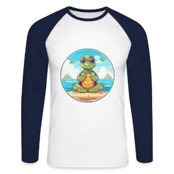 Turtle Cartoon Yoga Beach Summer Illustration - Unisex Long Sleeve Baseball T-Shirt - white/navy - Front - Nik (191cm)