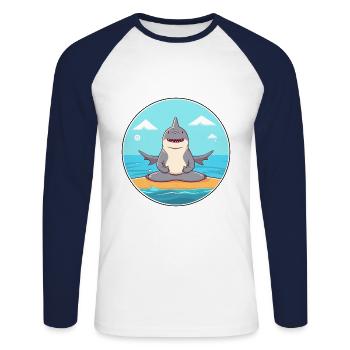 Shark Cartoon Yoga Beach Summer Illustration - Unisex Long Sleeve Baseball T-Shirt - white/navy - Front - Nik (191cm)
