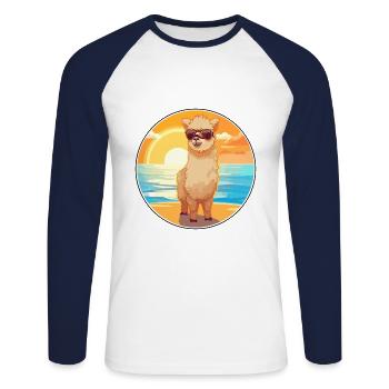Alpaca Funny Cartoon Kawaii Beach Illustration - Unisex Long Sleeve Baseball T-Shirt - white/navy - Front - Nik (191cm)