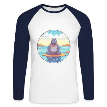 Hippo Cartoon Yoga Beach Summer Illustration - Unisex Long Sleeve Baseball T-Shirt - white/navy - Front - Nik (191cm)