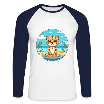 Leopard Cartoon Yoga Strand Sommer Illustration - Unisex Baseballshirt langarm - Weiß/Navy - Vorne - Nik (191cm)