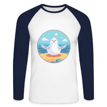 Mouette Cartoon Yoga Plage Illustration D’été - T-shirt baseball manches longues Homme - blanc/marine - Devant - Nik (191cm)
