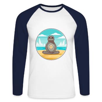Phoque Dessin Animé Yoga Plage Été Illustration - T-shirt baseball manches longues Homme - blanc/marine - Devant - Nik (191cm)