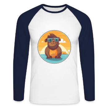 Bison drôle de dessin animé kawaii plage illustration - T-shirt baseball manches longues Homme - blanc/marine - Devant - Nik (191cm)