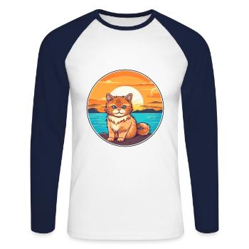Chat Drôle De Dessin Animé Kawaii Plage Illustration - T-shirt baseball manches longues Homme - blanc/marine - Devant - Nik (191cm)