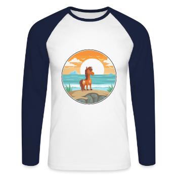 Pferde-Cartoon-Yoga-Strand-Sommer-Illustration - Unisex Baseballshirt langarm - Weiß/Navy - Vorne - Nik (191cm)