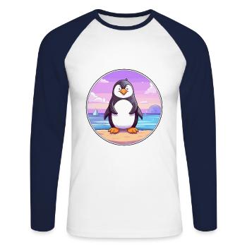 Penguin Cartoon Yoga Beach Summer Illustration - Unisex Long Sleeve Baseball T-Shirt - white/navy - Front - Nik (191cm)