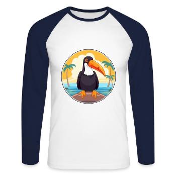 Toucan Cartoon Yoga plage Illustration d’été - T-shirt baseball manches longues Homme - blanc/marine - Devant - Nik (191cm)